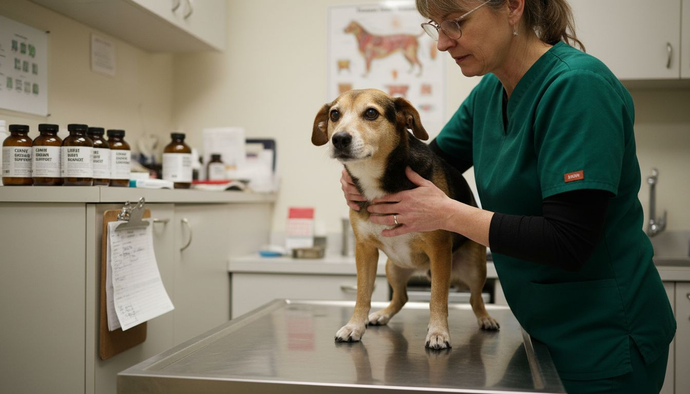 Vet examining dog with organ supplements nearby