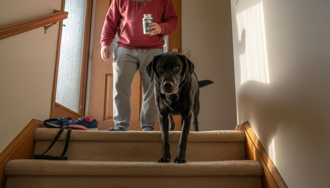 Senior dog uses stairs after joint supplement