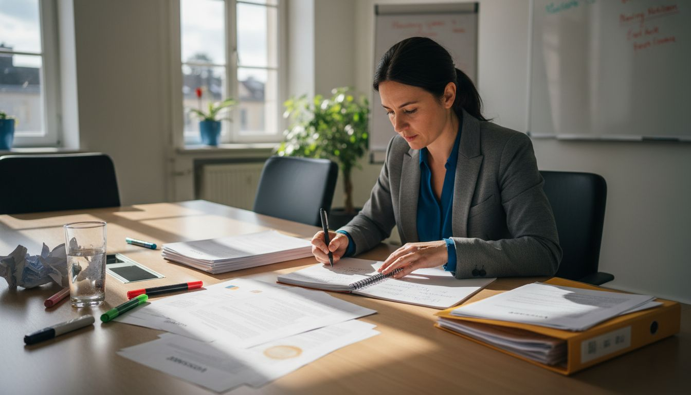 Bei der Besprechung prüft der Stratege verschiedene Konzeptpapiere und vergleicht deren Inhalte.