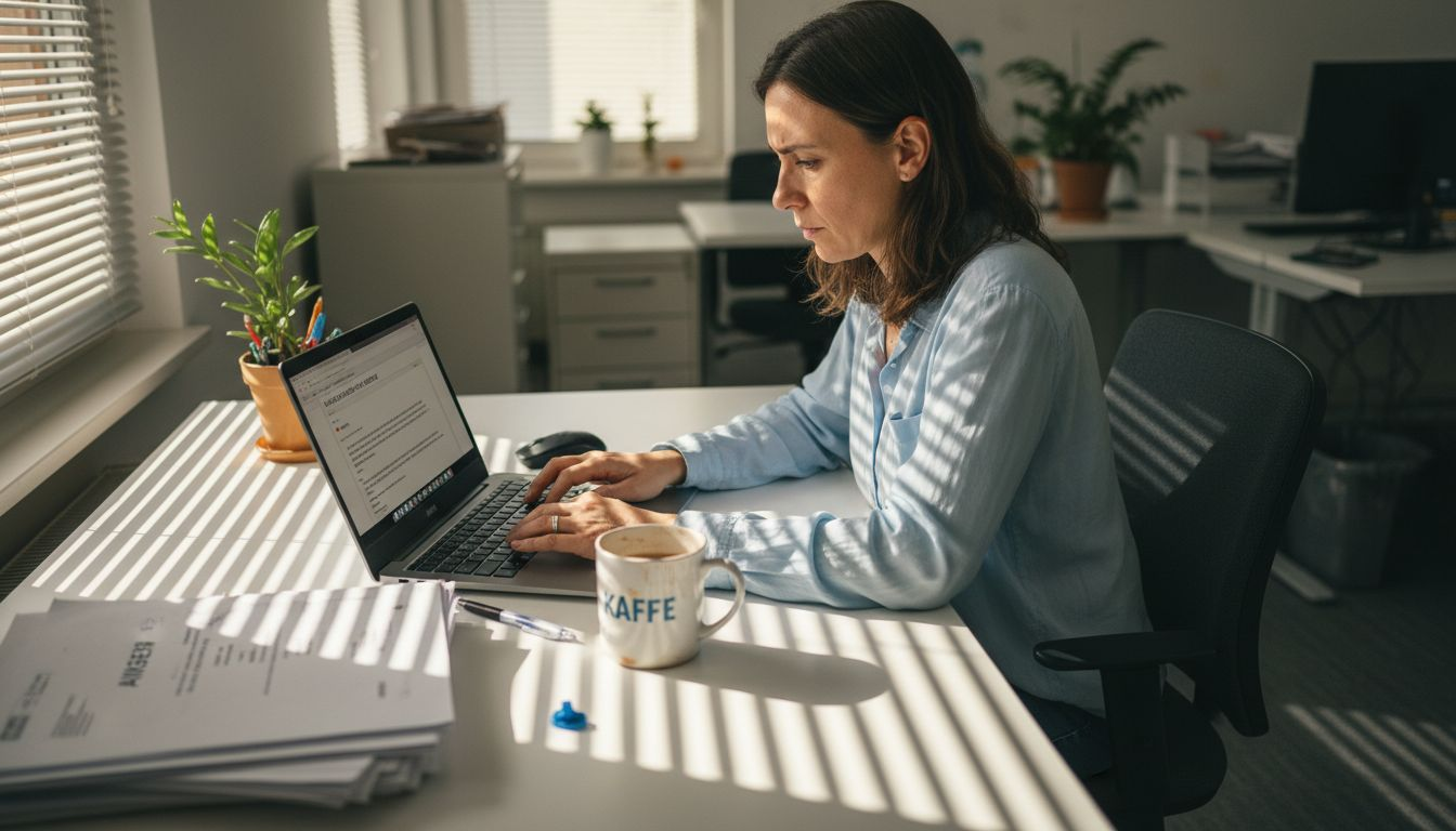 Eine Mitarbeiterin verfasst im Büro eine Kaltakquise-E-Mail.