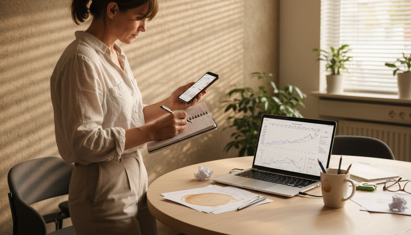 Eine Frau macht sich Notizen zu aktuellen Verkaufszahlen und analysiert dabei wichtige Trends.
