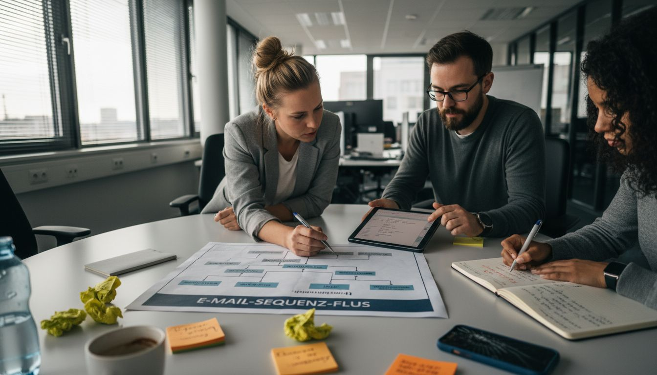 Das Team bespricht gemeinsam, wie die einzelnen E-Mail-Kampagnen optimal aufeinander abgestimmt werden können.