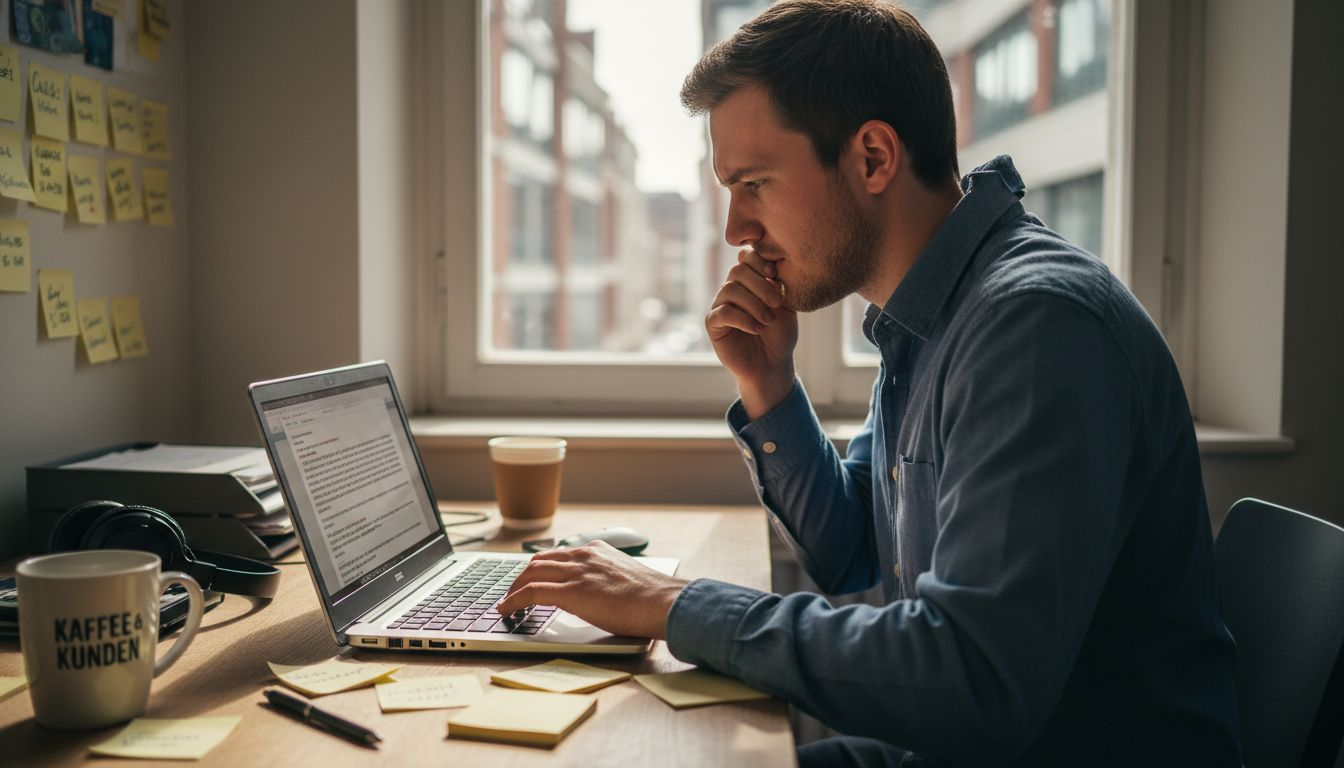 Ein Vertriebsmitarbeiter tippt konzentriert eine E-Mail an seinem chaotischen Schreibtisch.