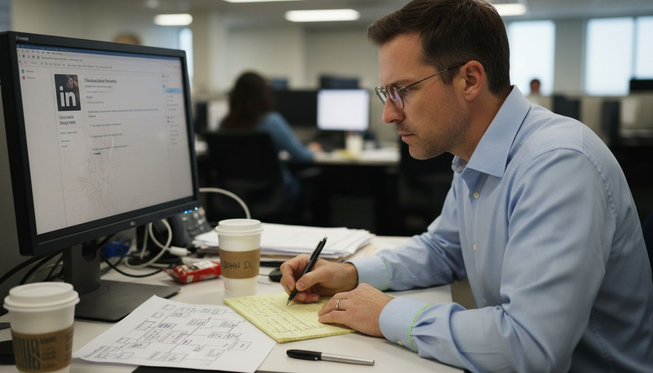 Salesman researching prospects on computer monitor