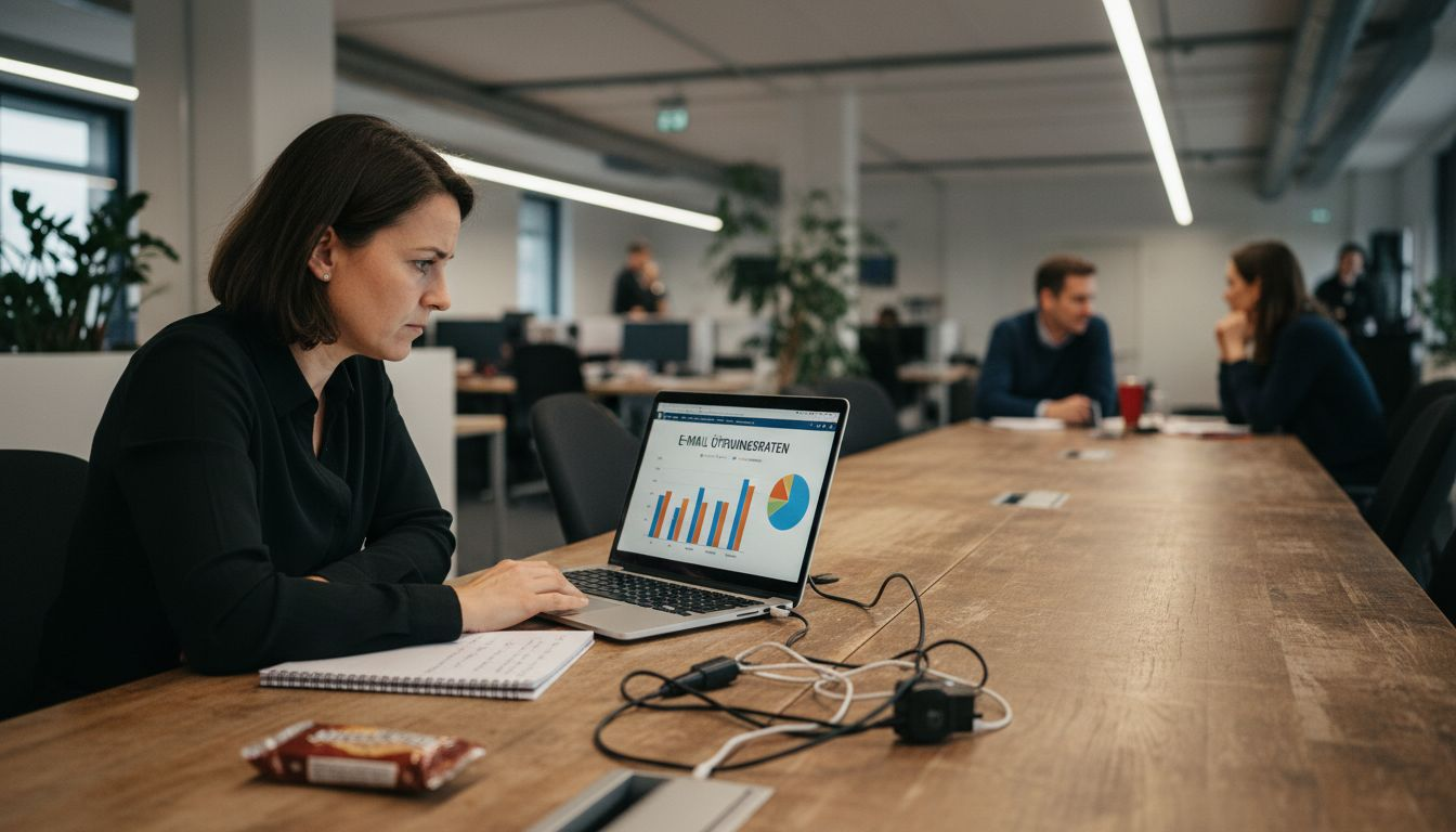 Eine Geschäftsfrau analysiert die Öffnungsraten ihrer E-Mail-Kampagnen.