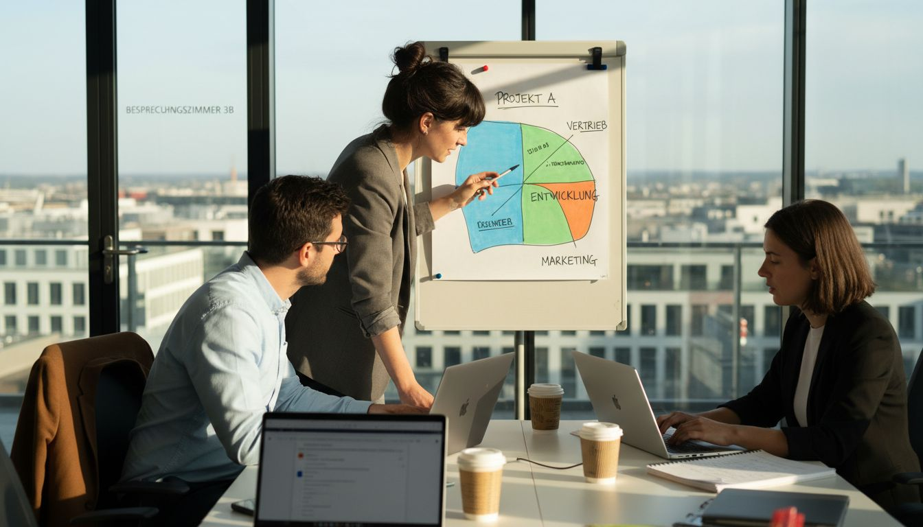 Ein Team bespricht im Meeting die Ergebnisse der Zielgruppenanalyse anhand von Segmentierungsdiagrammen.