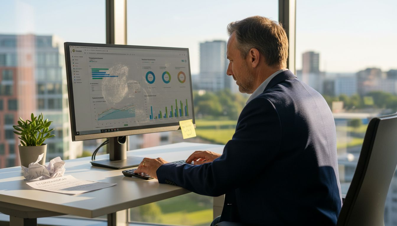 Ein Manager sitzt am Schreibtisch und wertet die Kennzahlen der aktuellen Kampagne aus.
