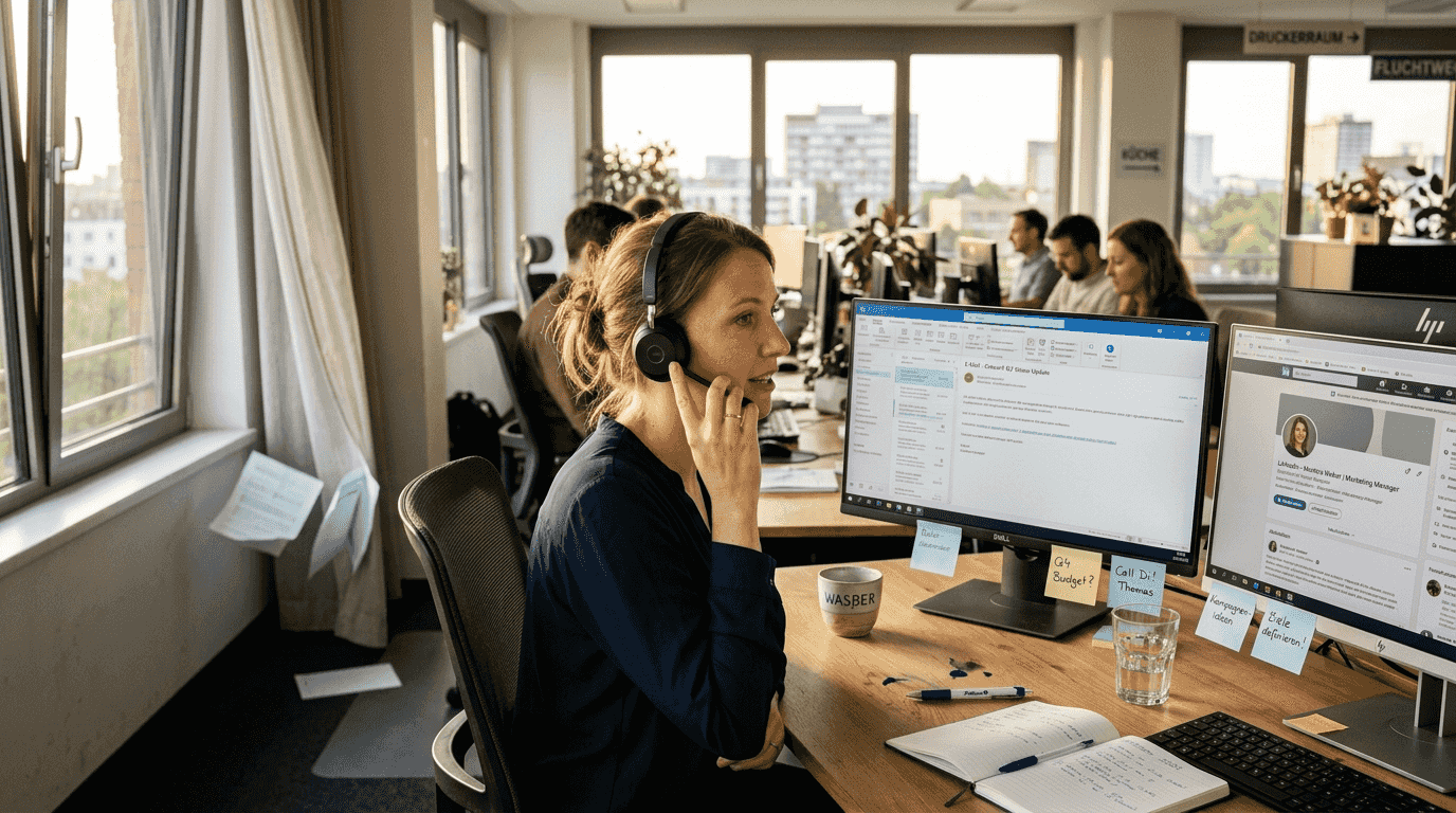 Eine Frau setzt gezielt Telefonakquise und eine LinkedIn-Kampagne ein, um neue Kontakte zu gewinnen.