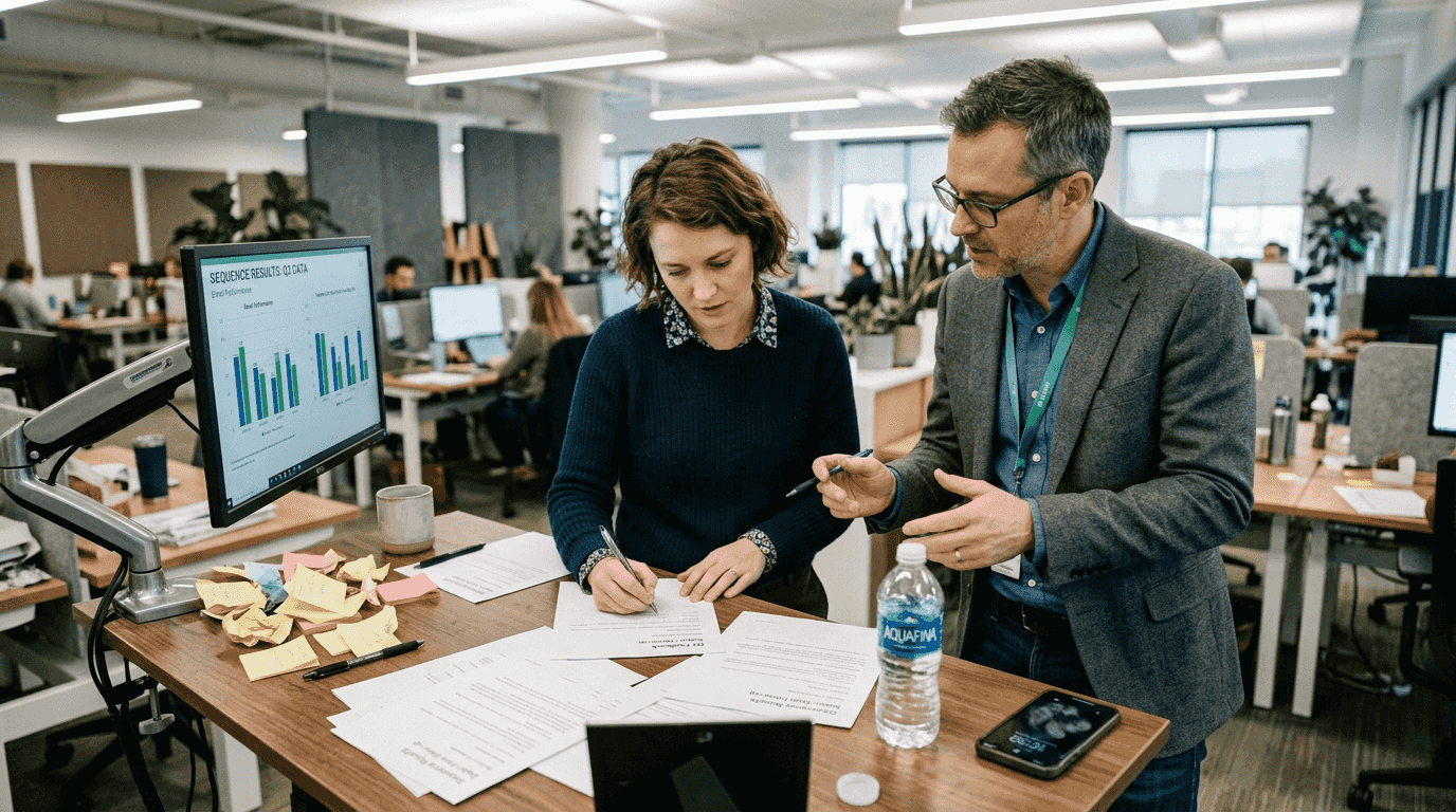 Colleagues reviewing cold email sequence results