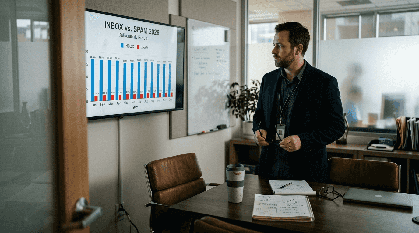 Manager reviewing deliverability results on monitor