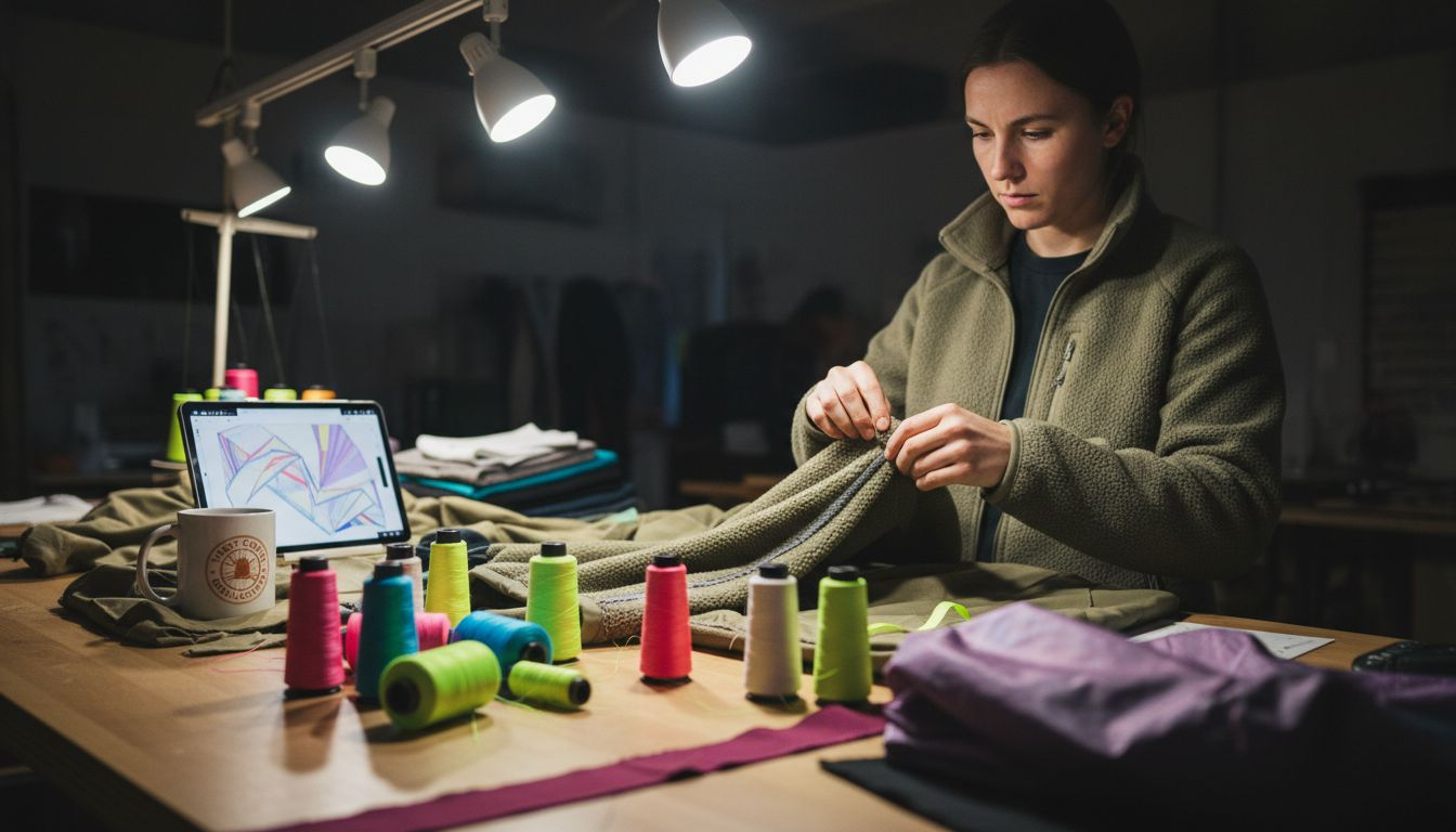 Designer reviewing streetwear garment stitching detail