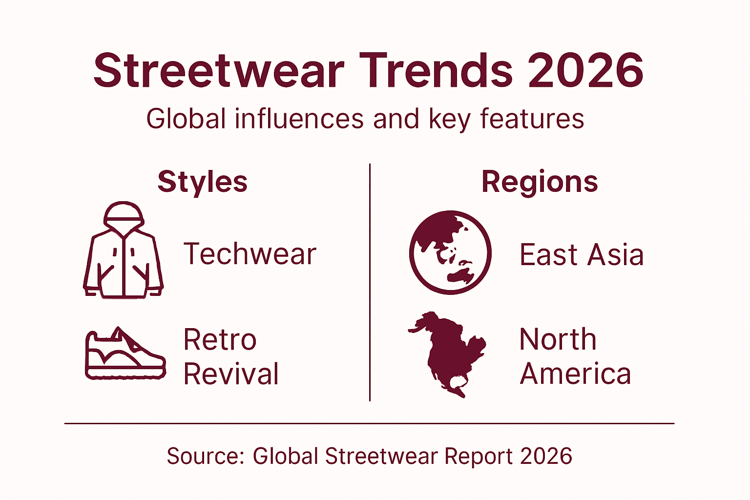 Infographic showing 2026 streetwear styles and regions