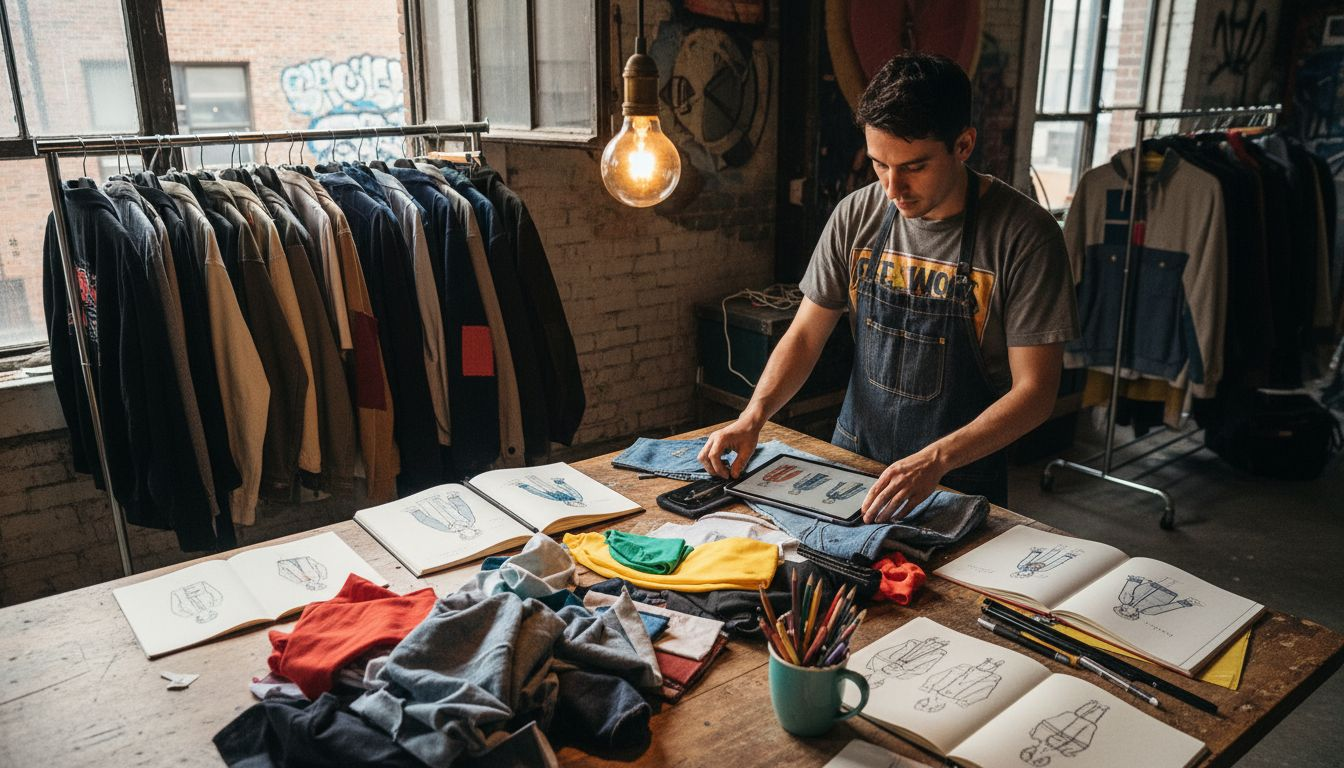 Streetwear designer lays out fabrics and sketches