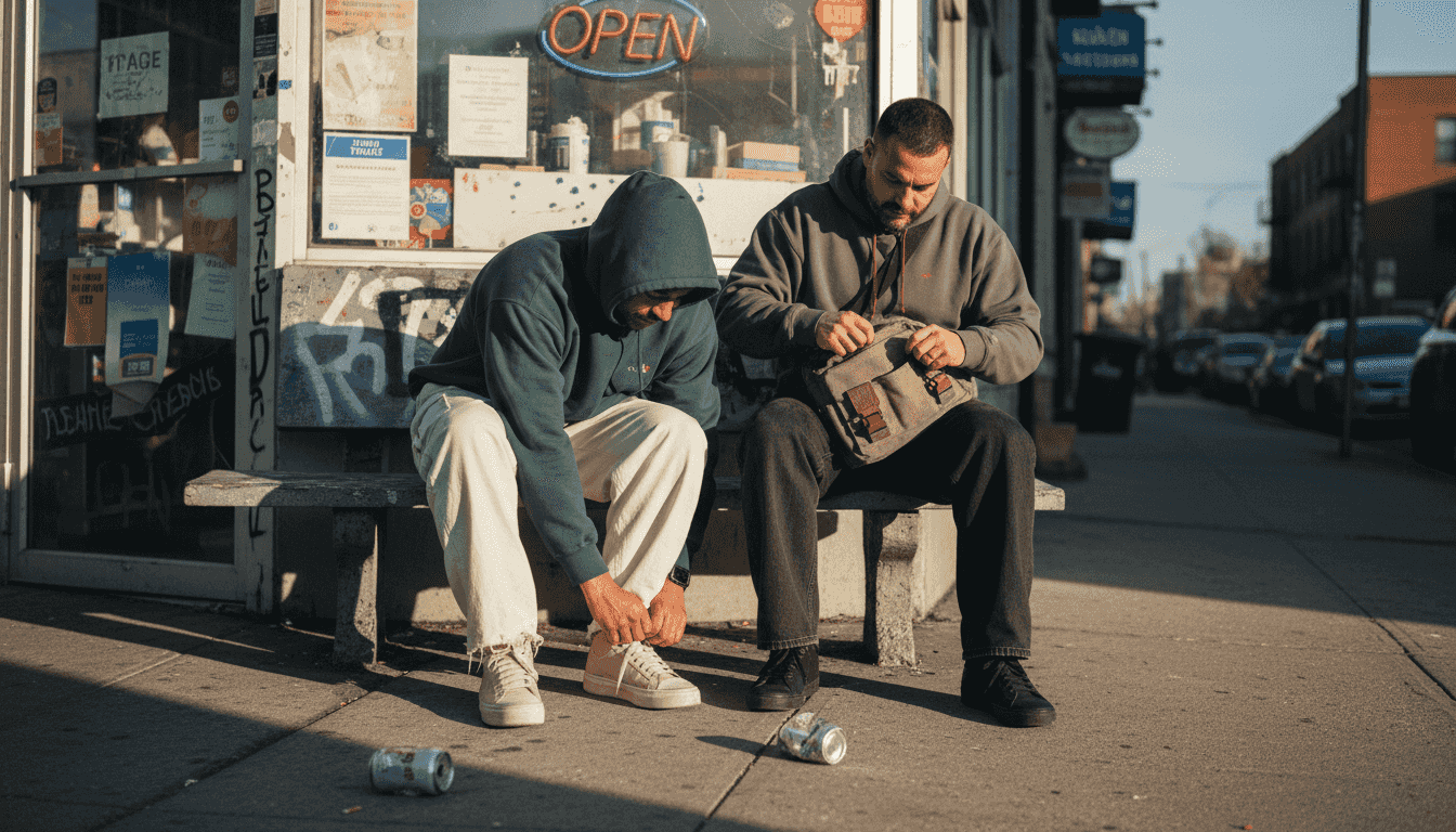 Friends in loose hoodies on city bench