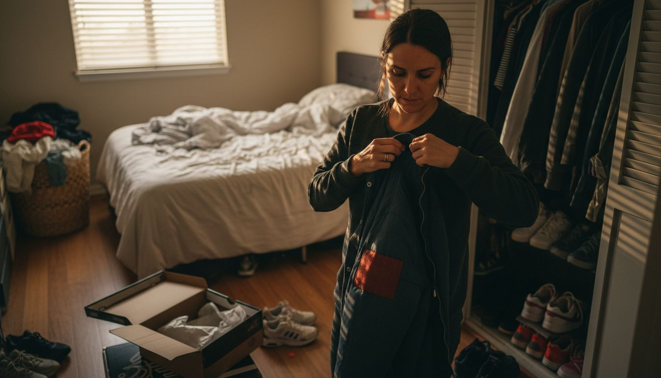 Woman checking inside of streetwear jacket