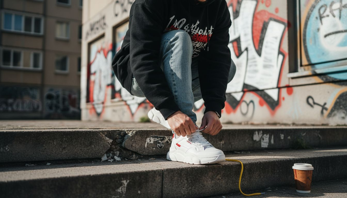 Streetwear outfit close-up with sneakers