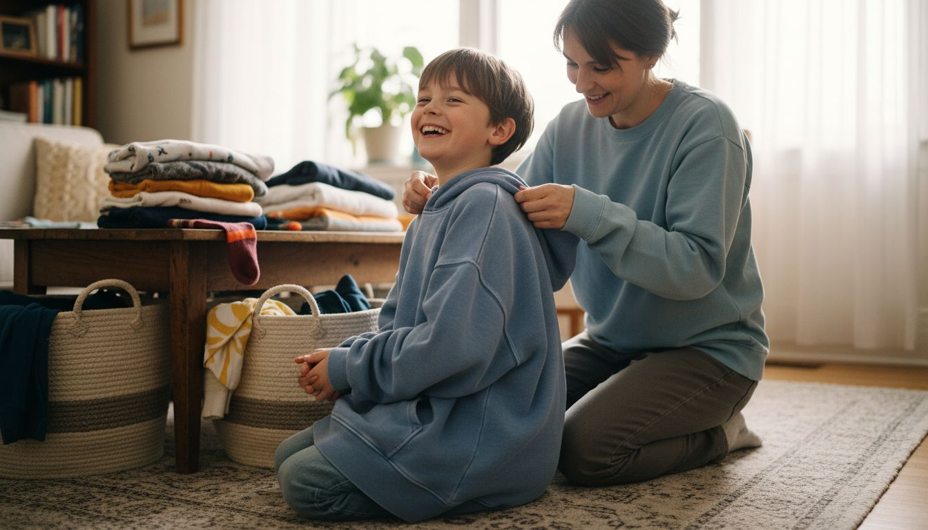 Parent checking kids streetwear durability at home