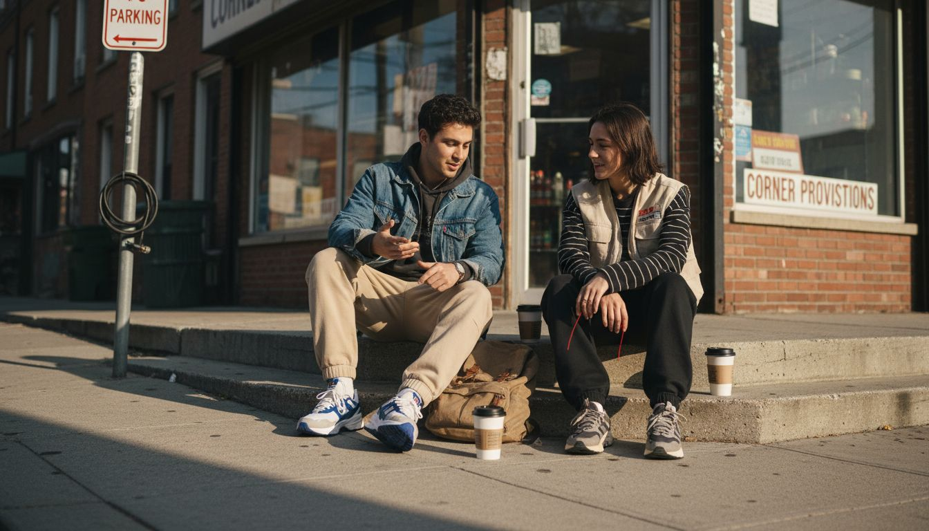 Two friends showing streetwear essentials