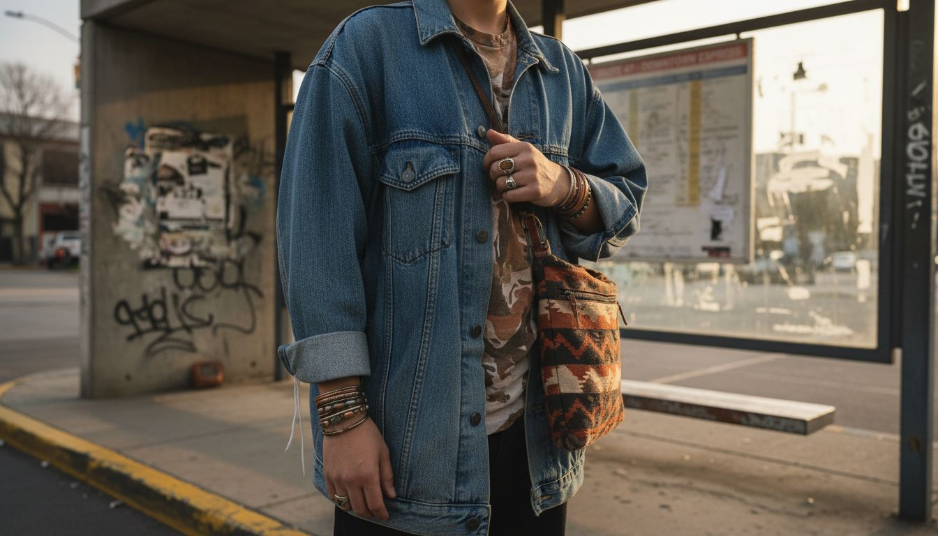 Layered accessories streetwear bus stop scene