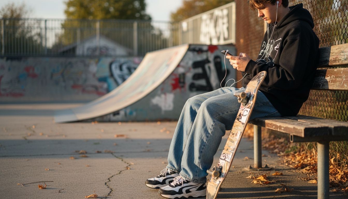 Teen exploring streetwear style at skatepark