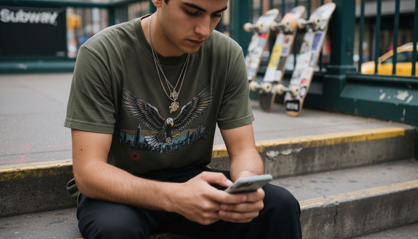 Close-up graphic tee with streetwear details