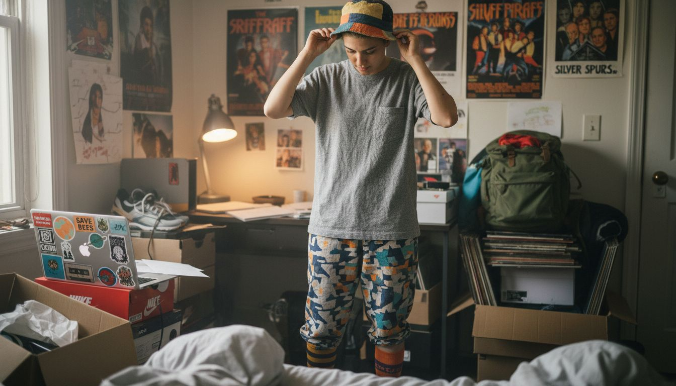 Gen Z person styles streetwear in bedroom