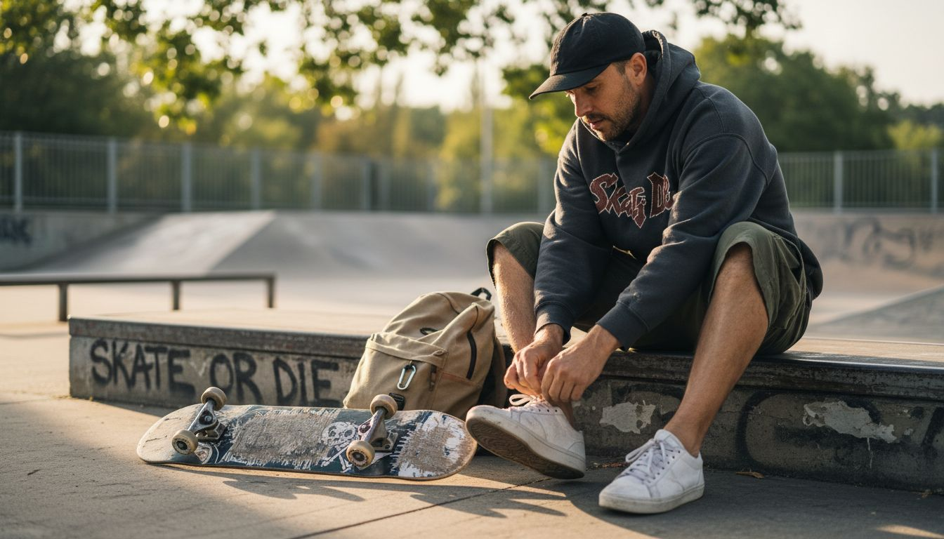 Skater in oversized streetwear at skatepark