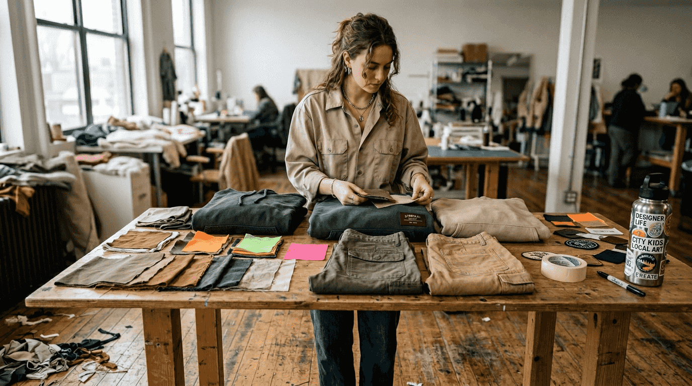 Designer arranging modern streetwear samples