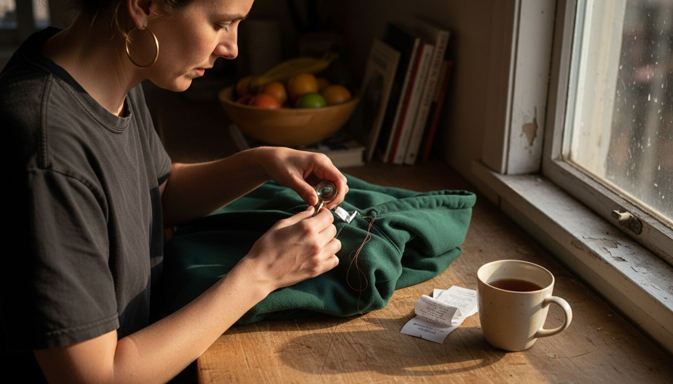 Woman authenticating streetwear with jeweler's loupe