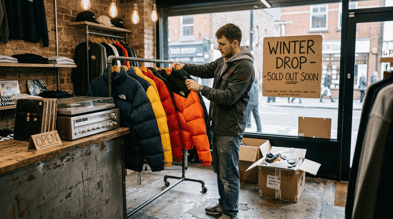 Clerk arranges jackets for seasonal drop