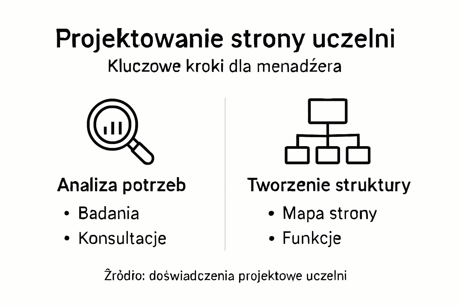 Infografika przedstawiająca kolejne etapy tworzenia strony internetowej dla uczelni