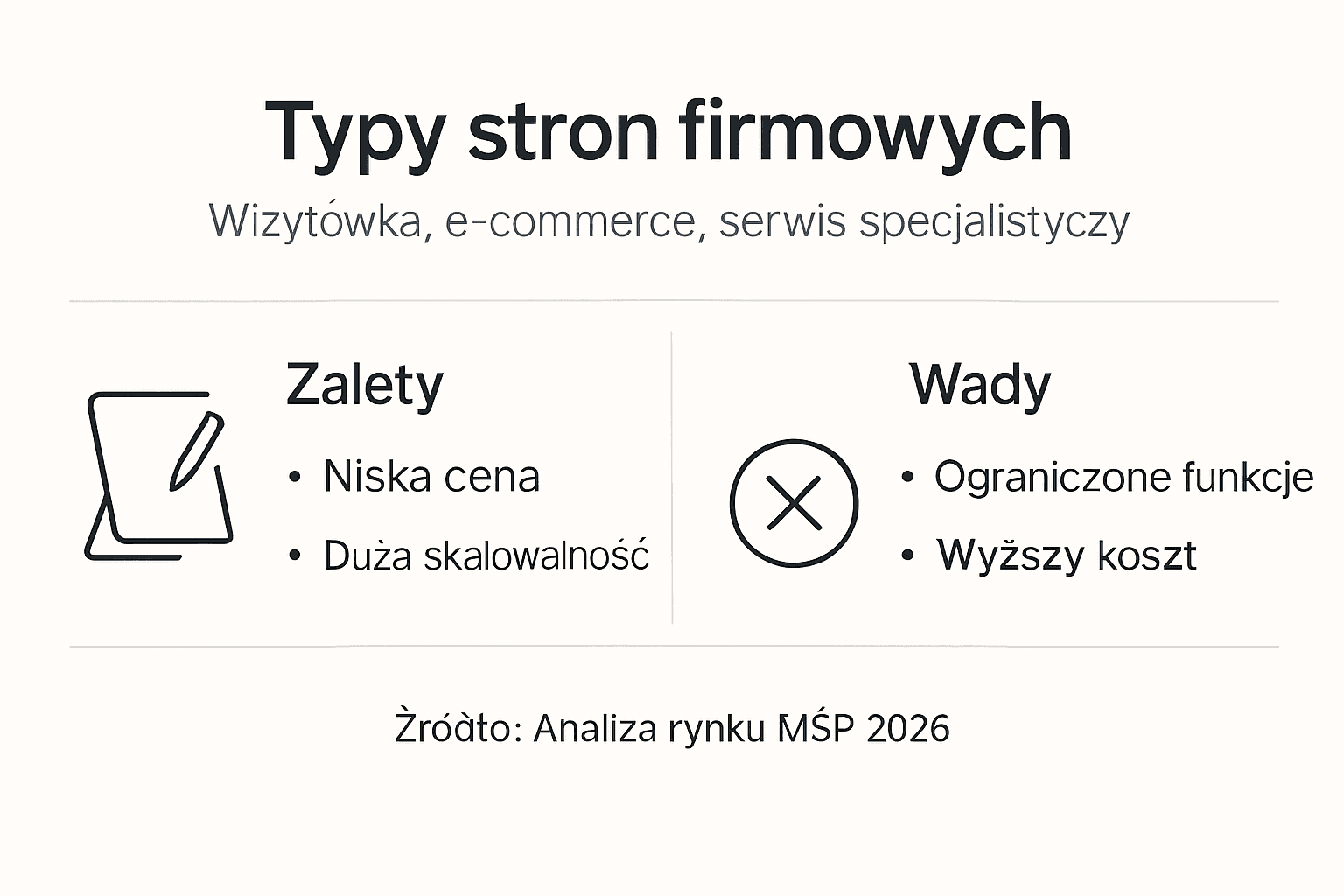 Przegląd najpopularniejszych rodzajów stron internetowych dla firm – infografika porównawcza