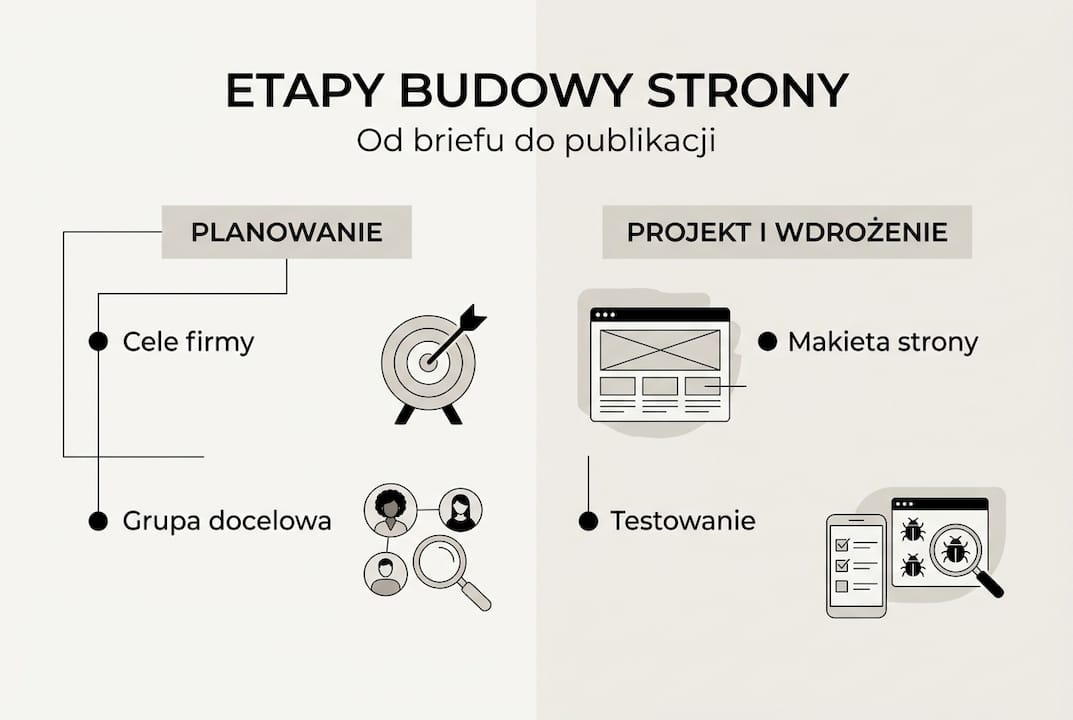Schemat przedstawiający kolejne kroki tworzenia strony internetowej