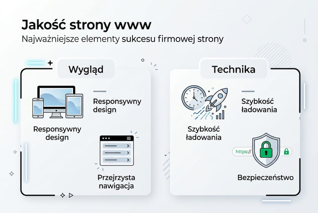 Infografika przedstawiająca najważniejsze aspekty, które decydują o jakości strony internetowej