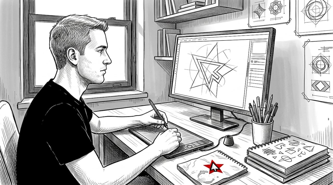 Artysta odrysowuje logo przy użyciu tabletu graficznego.