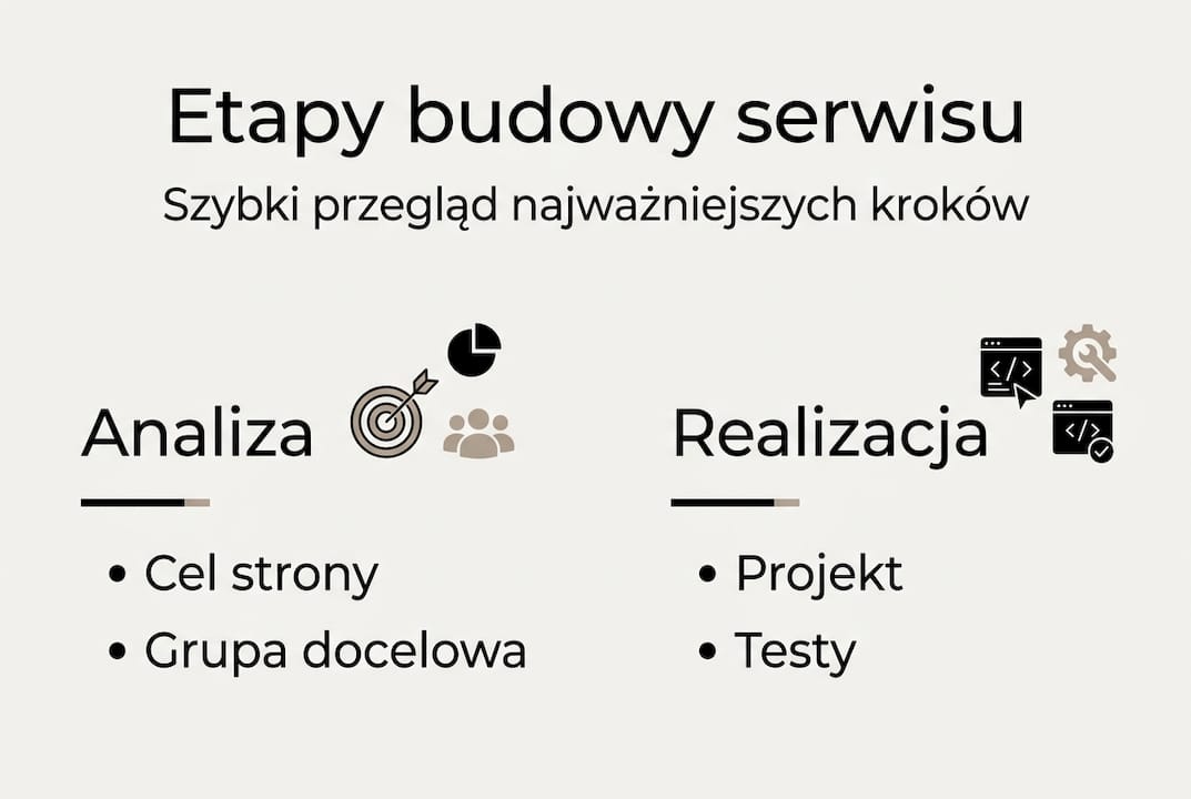 Grafika przedstawiająca kolejne kroki tworzenia strony internetowej