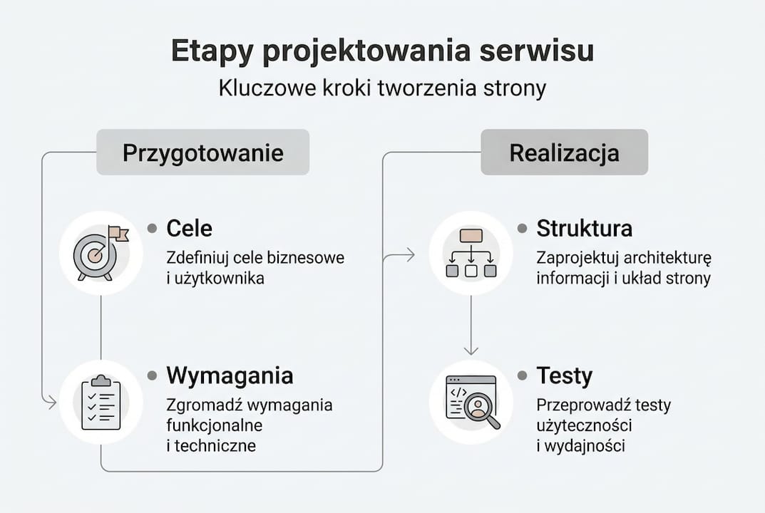 Na infografice przedstawiono kolejne kroki powstawania serwisu internetowego.