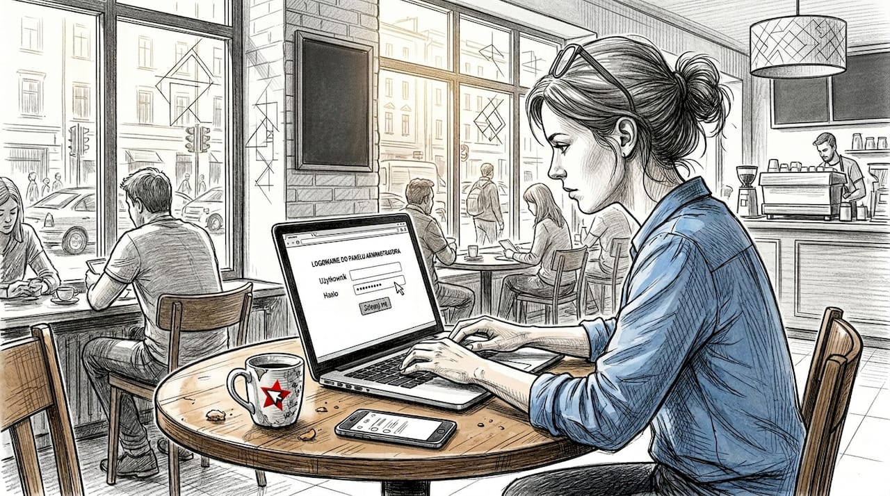 Właściciel zabezpiecza swoją stronę internetową, pracując na laptopie w kawiarni.
