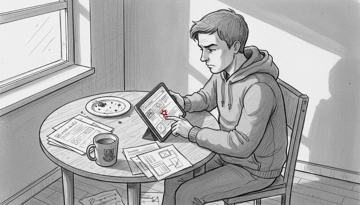 Student siedzi przy stole i przegląda stronę internetową swojej uczelni.
