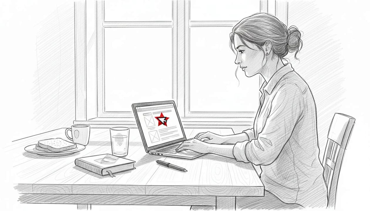 Kobieta siedzi w kuchni i poprawia błąd na stronie internetowej.