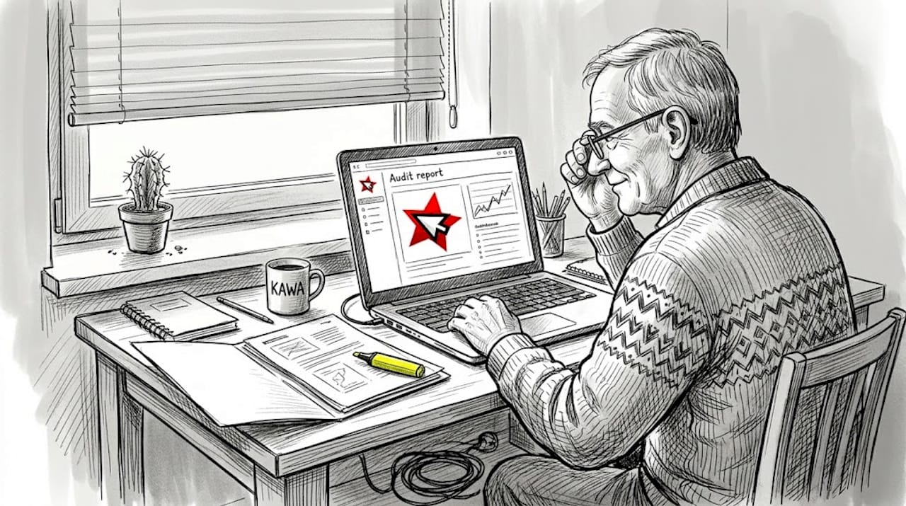 Mężczyzna przegląda wyniki audytu strony internetowej na swoim laptopie.