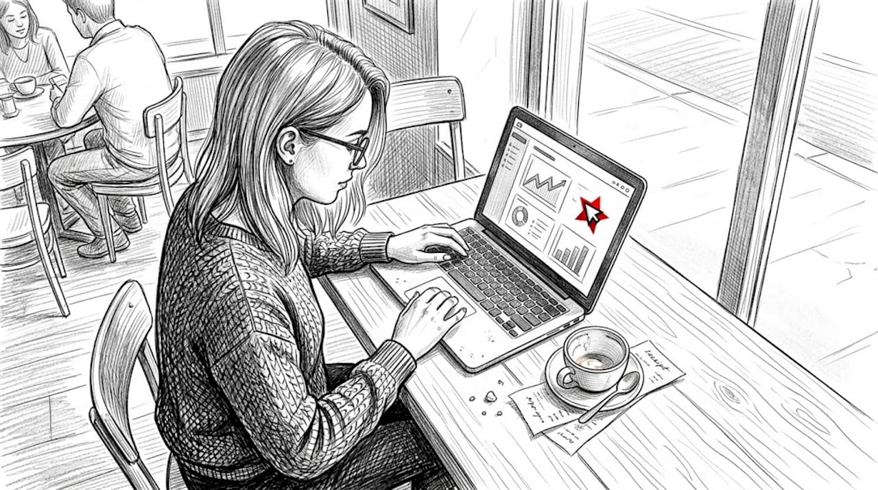 Młoda kobieta prowadzi kampanię internetową, siedząc z laptopem w przytulnej kawiarni.