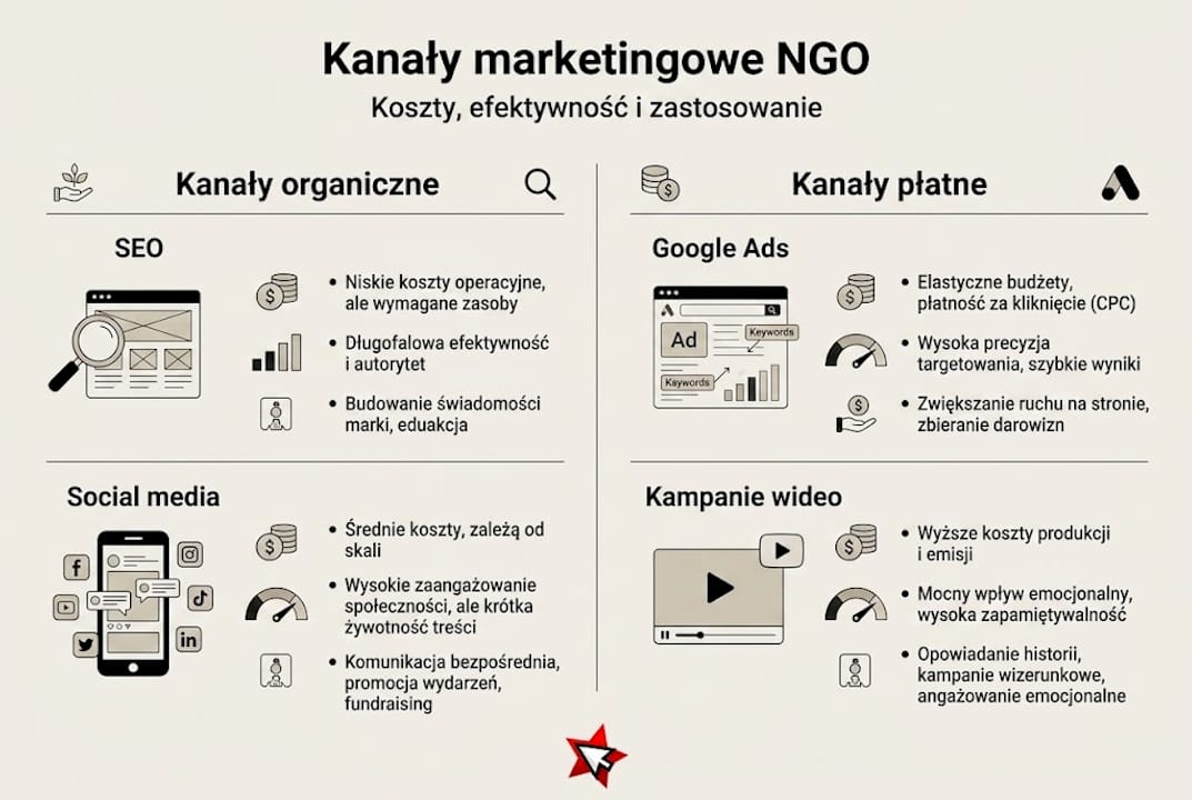 Infografika pokazująca, jak różne kanały komunikacji sprawdzają się w działaniach marketingowych organizacji pozarządowych