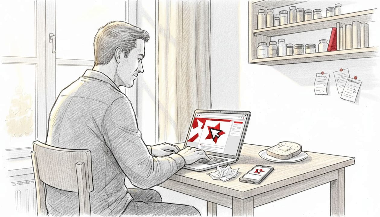 Facet zakłada sklep internetowy, siedząc przy kuchennym stole.