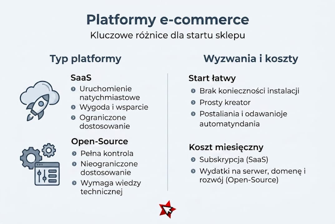 Grafika przedstawiająca zestawienie różnych rodzajów platform e-commerce