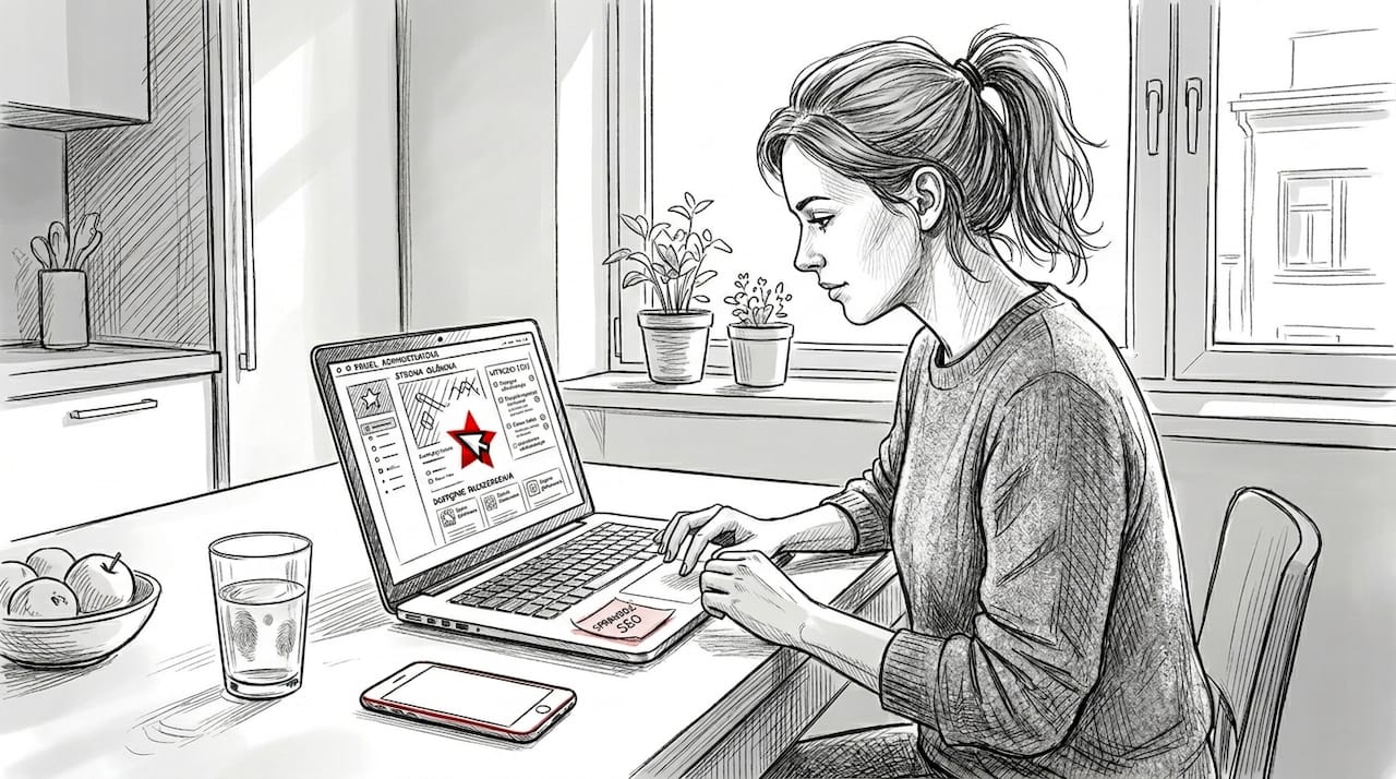 Kobieta pracuje nad aktualizacją wtyczek na swojej stronie internetowej, siedząc przy kuchennym stole.