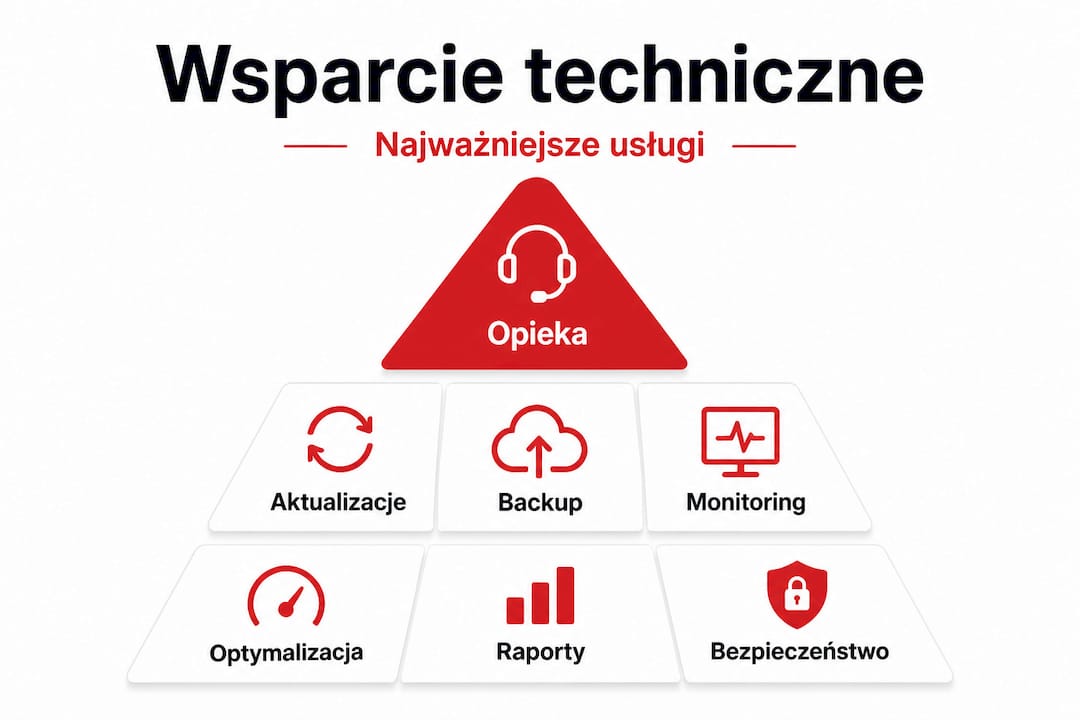 Hierarchiczna infografika prezentująca kluczowe usługi wsparcia technicznego