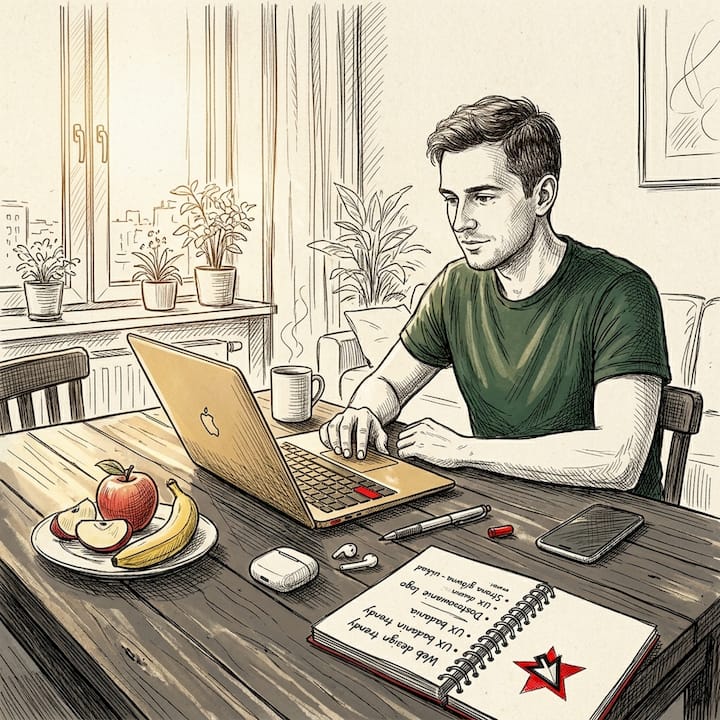 Mężczyzna przegląda na luzie stronę internetową firmy, siedząc przy kuchennym stole.