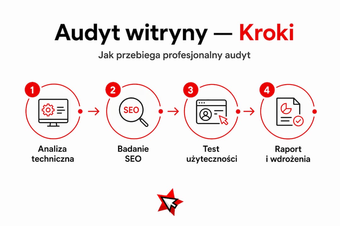 Schematyczna grafika przedstawiająca kolejne kroki audytu strony internetowej