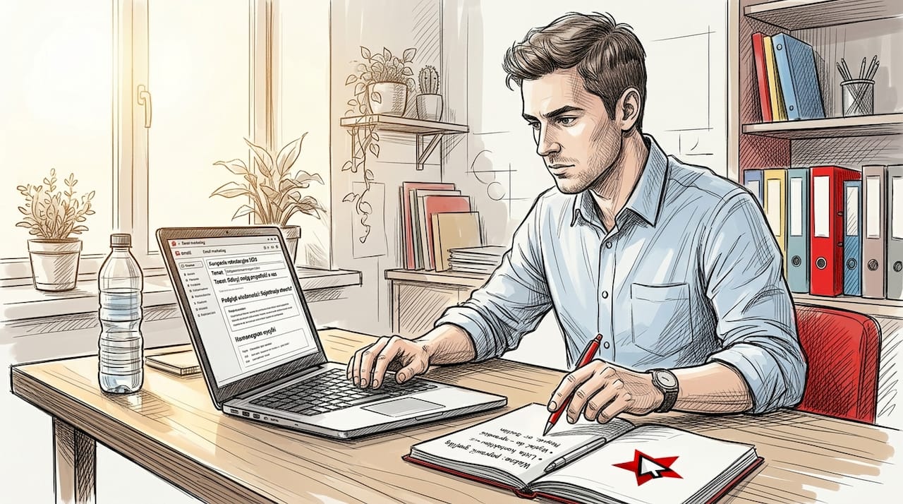Pracownik działu rekrutacji przegląda na laptopie kampanię mailową.